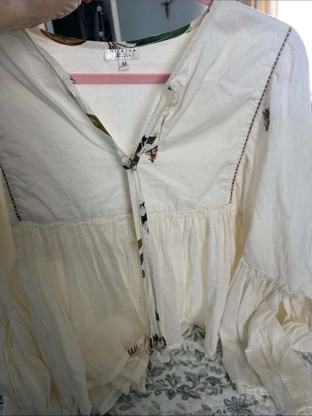 Boho Peasant Blouse in Cream with Tassel Tie - Picture 10 of 16